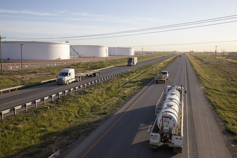 Crude oil storage tanks outside Midland, Texas.