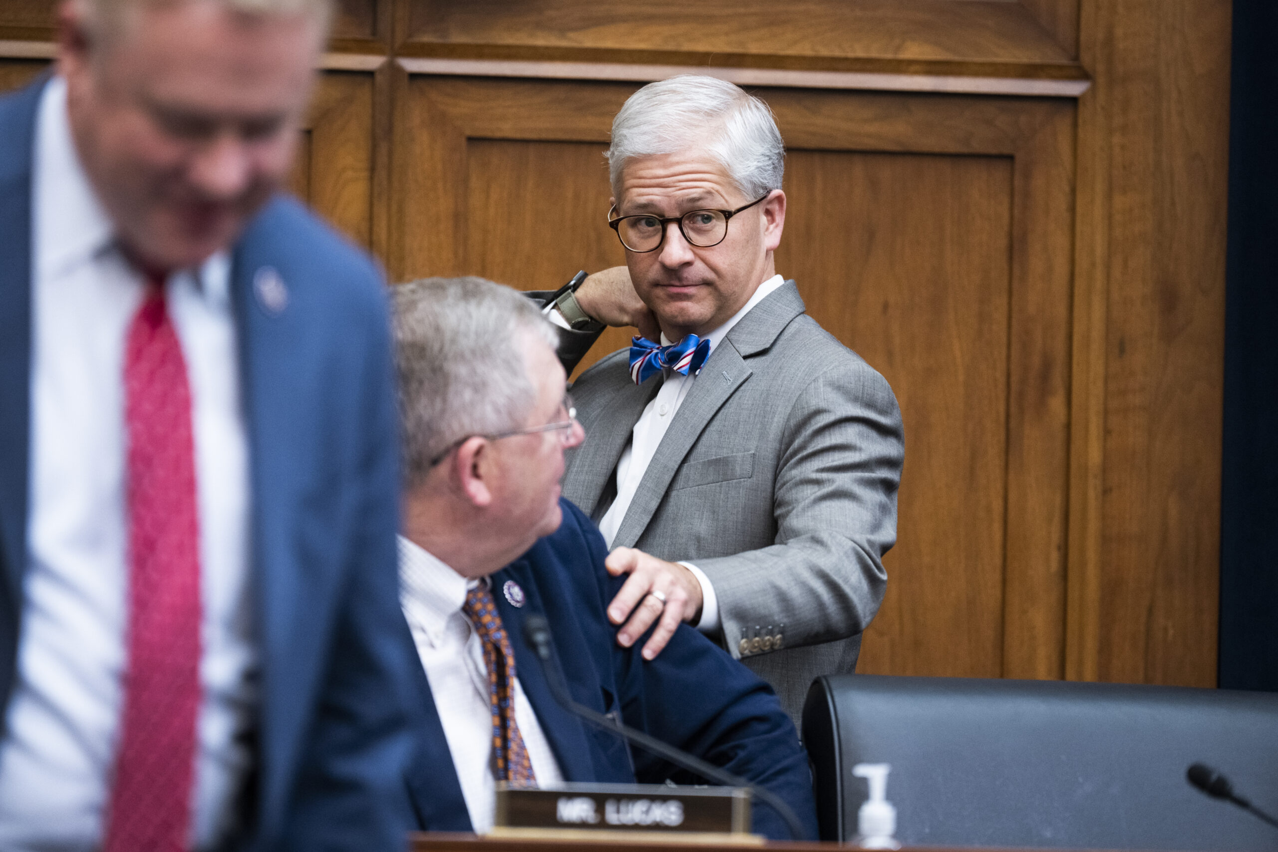 Ranking member Rep. Patrick McHenry, R-N.C., right, greets a fellow representative, on Dec. 13, 2022. McHenry is expected to head the Committee on Financial Services in the next Congress. Credit: Tom Williams/CQ-Roll Call, Inc via Getty Images