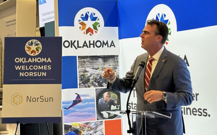 Gov. Kevin Stitt is shown Tuesday in Washington D.C. where he announced NorSun will invest more than $600 million to build a facility at the Tulsa International Airport. (Photo Courtesy of TIA)